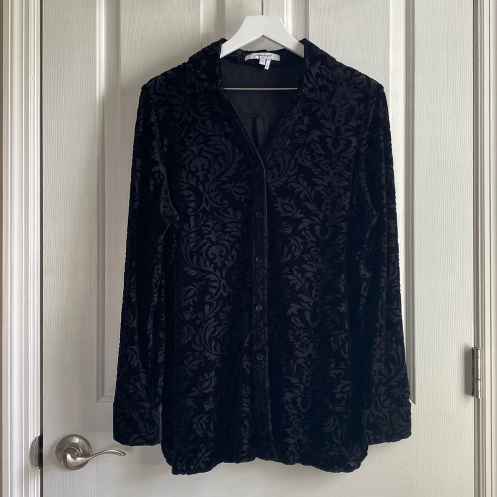 Foxcroft Womens Black Burnt Velvet Long Sleeve Button Down Top Size 14
